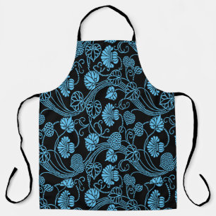 Delantal Patrón Floral Antiguo Negro sobre Azul