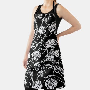 Delantal Patrón floral antiguo negro sobre blanco