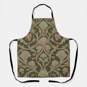 Delantal Patrón floral Art Nouveau verde oscuro y rosa vint