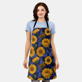 Delantal Patrón Floral Azul Girasol Amarillo Vintage