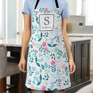 Delantal Patrón floral azul y rosa con monograma y nombre