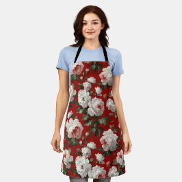 Delantal Patrón floral blanco de rosa roja clásica