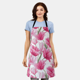 Delantal Patrón floral blanco de tulipán rosa moderno