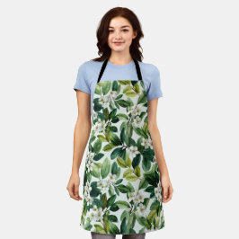 Delantal Patrón floral blanco hoja verde acuarela