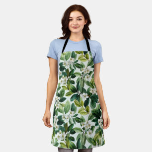 Delantal Patrón floral blanco hoja verde acuarela