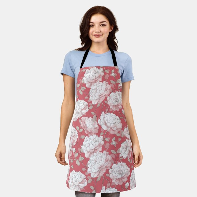Delantal Patrón floral blanco rosa dibujado a mano (Gastado)
