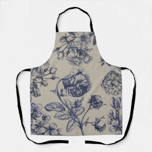 Delantal Patrón Floral Botánico Toile Azul Vintage