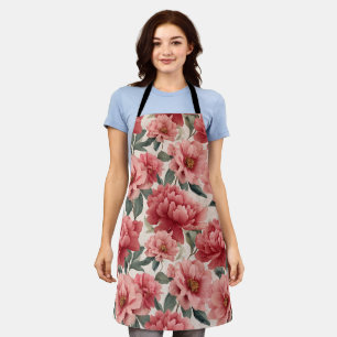 Delantal Patrón floral crema peonía coral acuarela