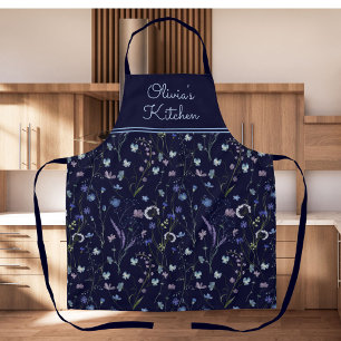 Delantal Patrón Floral de Flor Silvestre Bonita Morada Azul