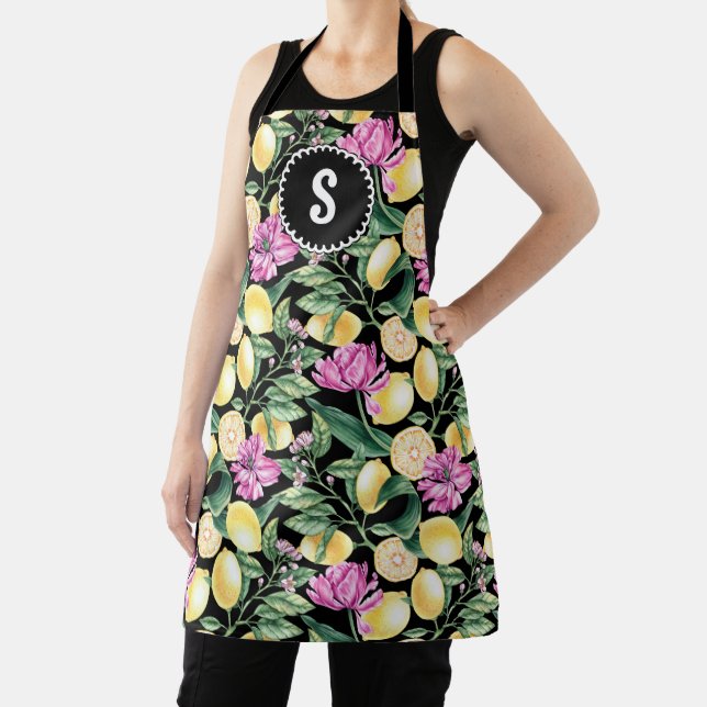 Delantal Patrón floral de lemones y tulipanes | Monograma d (in situ)