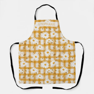 Delantal Patrón floral de margarita blanca en Gingham amari