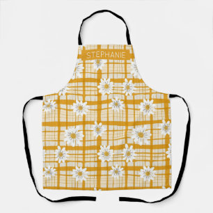 Delantal Patrón floral de margarita blanca en Gingham amari