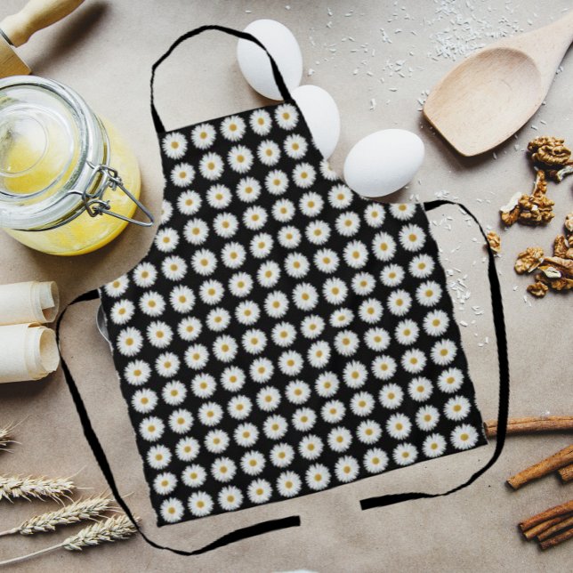 Delantal Patrón floral de margarita blanca sobre negro (In Situ Kitchen)