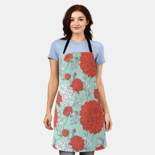 Delantal Patrón floral de menta de flor de coral dibujado a
