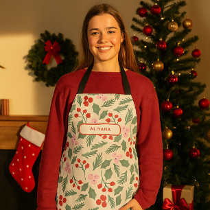 Delantal Patrón floral de Navidades rojos y verdes modernos