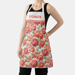 Delantal Patrón floral de Peonies Naranja rosa   Personaliz