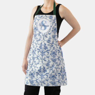 Delantal Patrón Floral de Toile Francés Azul con Monograma