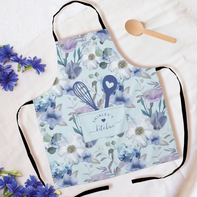Delantal Patrón floral Faux Stitlate Pocket Spoon & Whisk (Floral Pattern Faux Stitched Pocket Spoon & Whisk Apron)