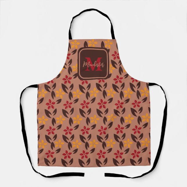 Delantal Patrón floral monograma estético marrón bonito (Anverso)