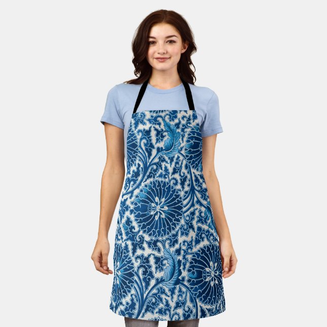 Delantal Patrón floral ornamental azul vintage (Gastado)