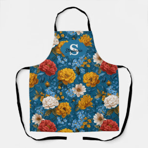 Delantal Patrón floral rubio de color vintage en azul