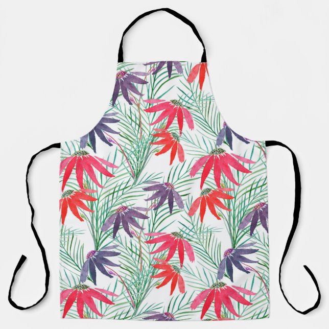 Delantal Patrón floral sin foco. Flores rojas y violetas en (Anverso)