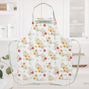 Delantal Patrón Floral Soleado Acuarela con Nombre Personal