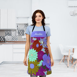 Delantal Patrón floral verde violeta negrita y nombre perso