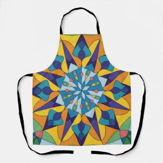 Delantal Patrón geométrico fractal azul y amarillo