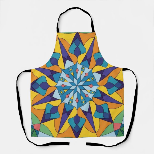 Delantal Patrón geométrico fractal azul y amarillo (Anverso)