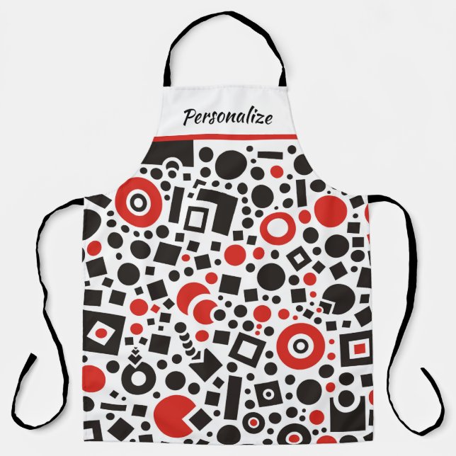 Delantal Patrón geométrico retro Art Deco rojo negro y blan (Anverso)