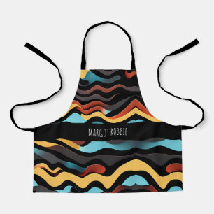 Delantal Patrón geométrico retro azul amarillo de las ondas
