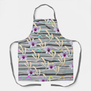 Delantal Patrón Gris Hoja Pálida Centro Floral Púrpura