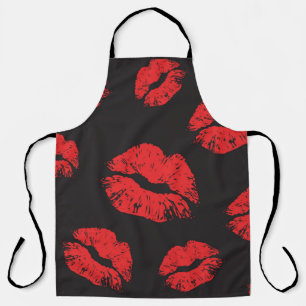 Delantal patrón inmaculado rojo vintage sobre fondo negro.