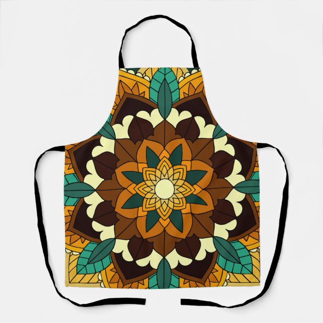 Delantal Patrón Mandala 02 en amarillo y marrón (Anverso)