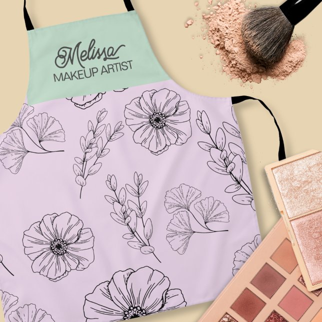 Delantal Patrón moderno de línea floral verde rosa Minimali (Subido por el creador)