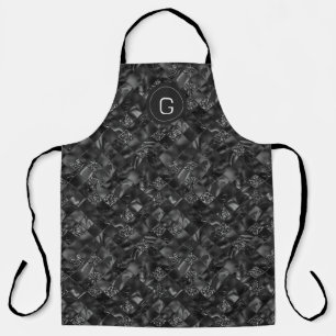 Delantal Patrón moderno monogramado negro falso Purpurina