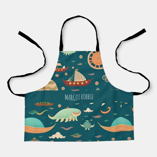 Delantal Patrón retro de barcos marinos y ballenas (Anverso)