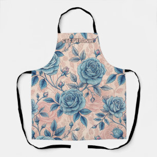 Delantal Patrón Rosa azul retro sobre fondo rosa suave