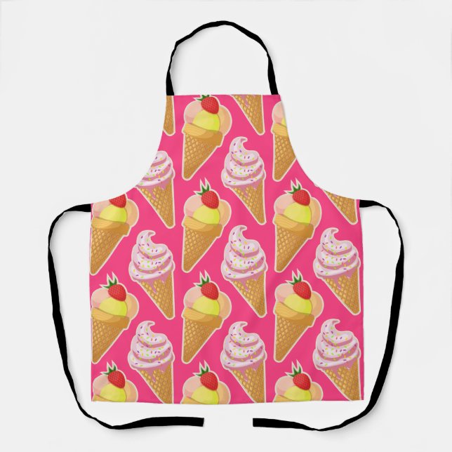 Delantal Patrón rosa de Kawaii con helado de fresa (Anverso)
