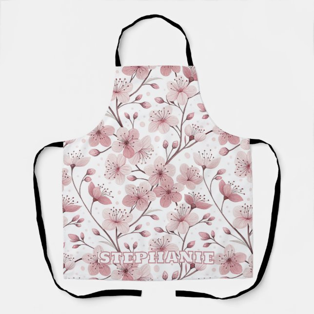 Delantal Patrón Sakura de flores de cerezo rosa en blanco ( (Anverso)