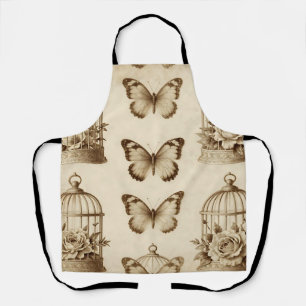 Delantal Patrón Sepia de Rosa Mariposa Jaula de Pájaro Vint