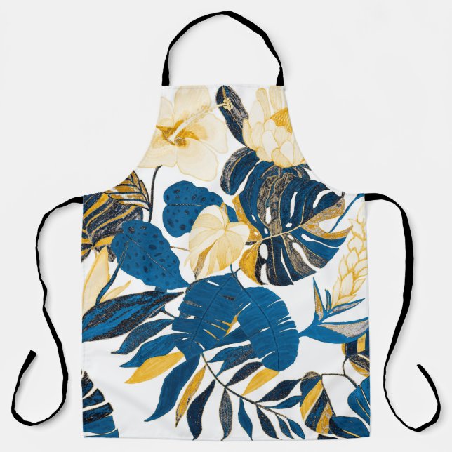Delantal Patrón sin foco con hojas tropicales y flores (Anverso)