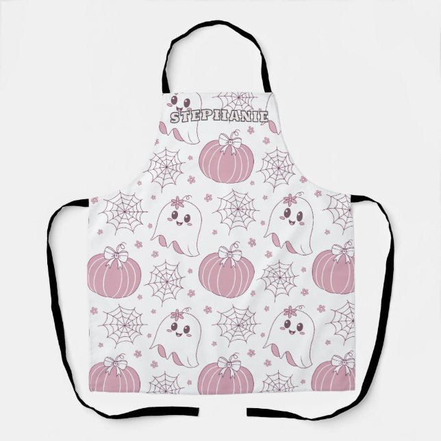 Delantal Patrón sin foco de Halloween rosa pastel (3) (Anverso)