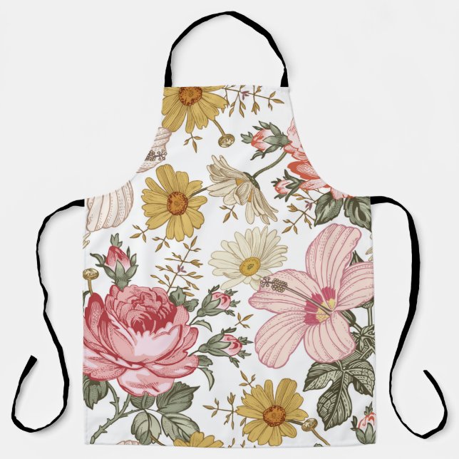 Delantal Patrón sin foco. Hermoso realismo rosa floreciente (Anverso)