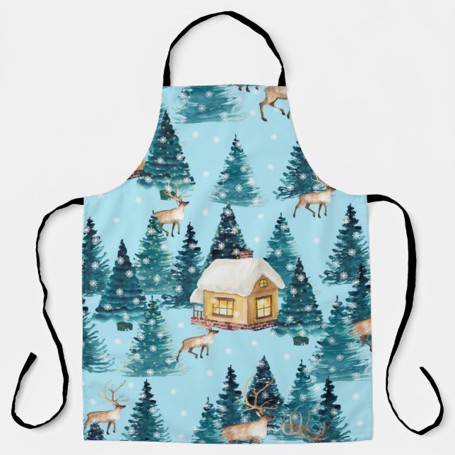 Delantal Patrón sin mar con aldea de invierno en el bosque (Anverso)