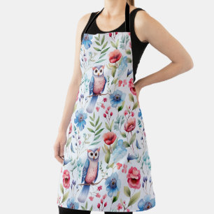 Delantal Patrón sin soldadura de lechuza floral acuarela