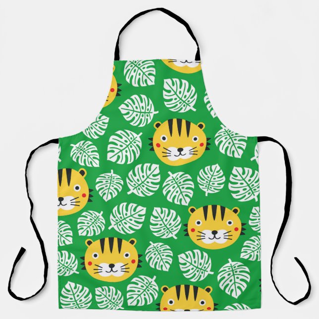 Delantal Patrón transparente tigre con hojas tropicales. Ki (Anverso)