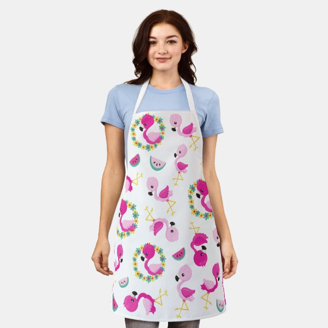 Delantal Patrón tropical, flamencos, sandías, flores (Gastado)