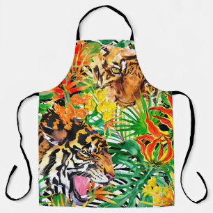 Delantal patrón tropical sin costuras con tigre. acuarela j